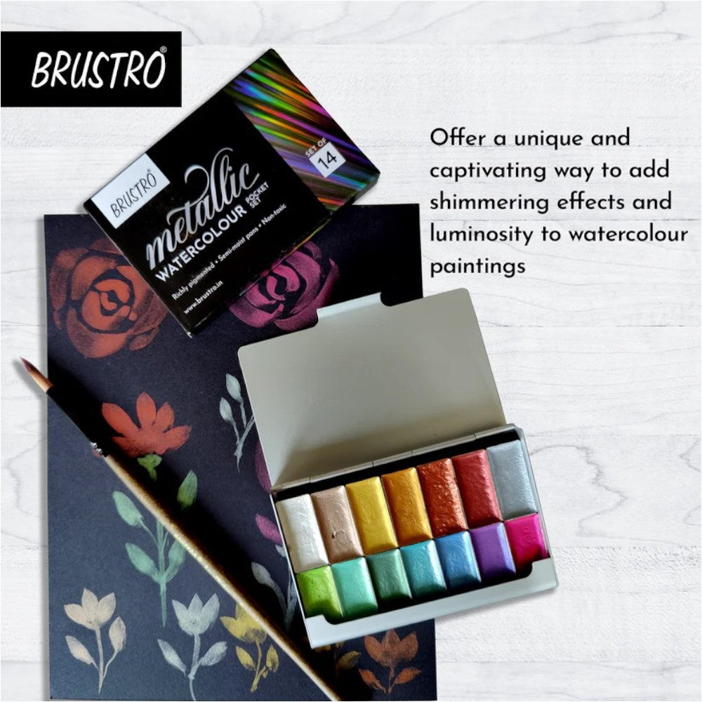 Brustro Metallic Watercolour Set - Semi-Moist Half Pans - Set of 12/14